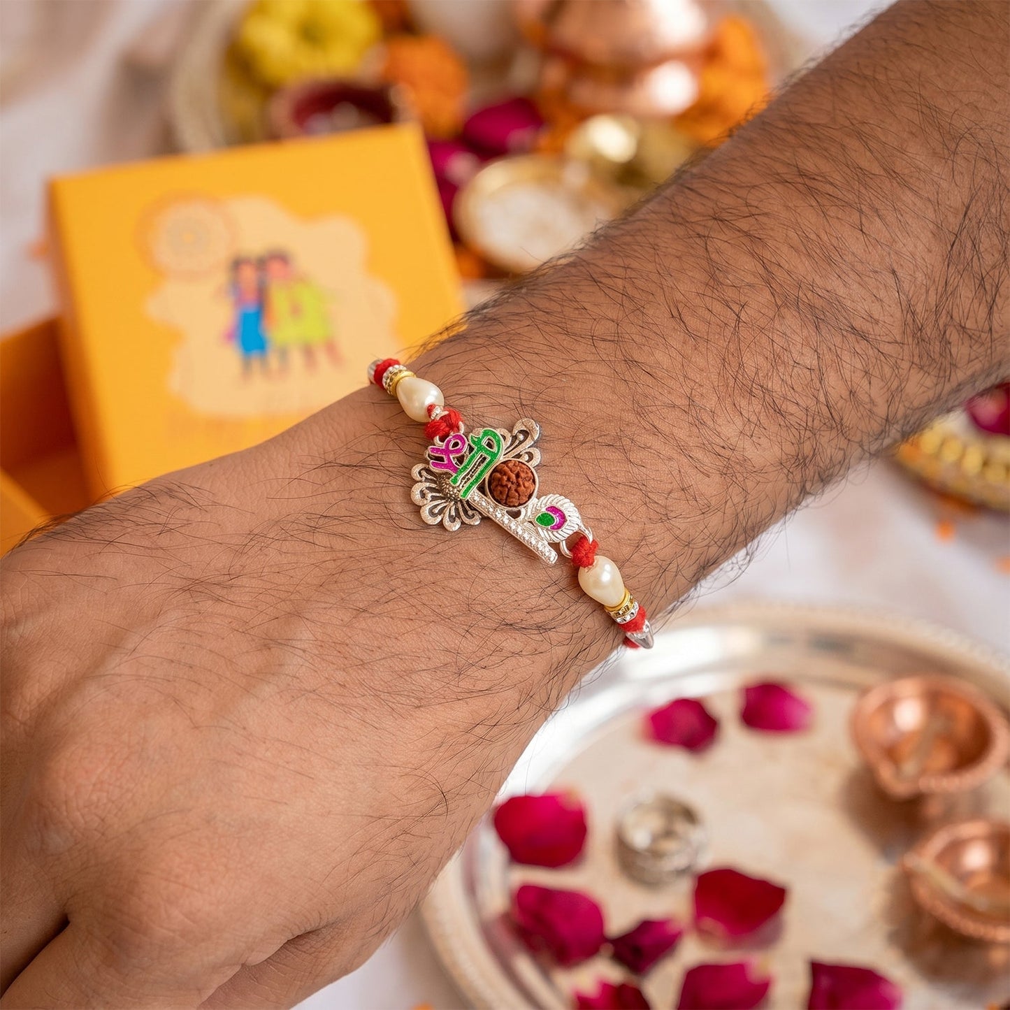 Close-up of decorative beads on designer Rakhi