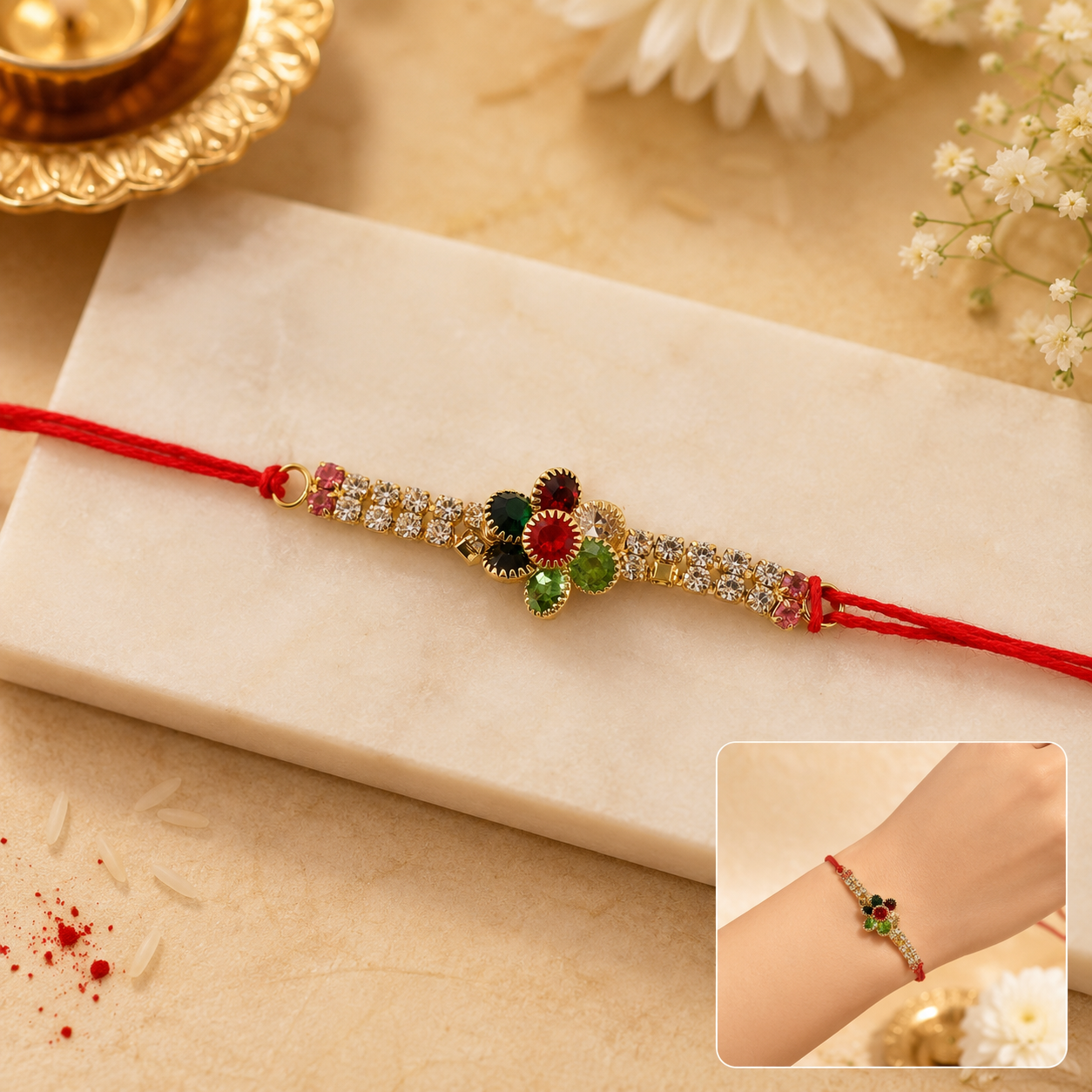 Close-up of colorful floral rakhi with decorative beads and vibrant centrepiece