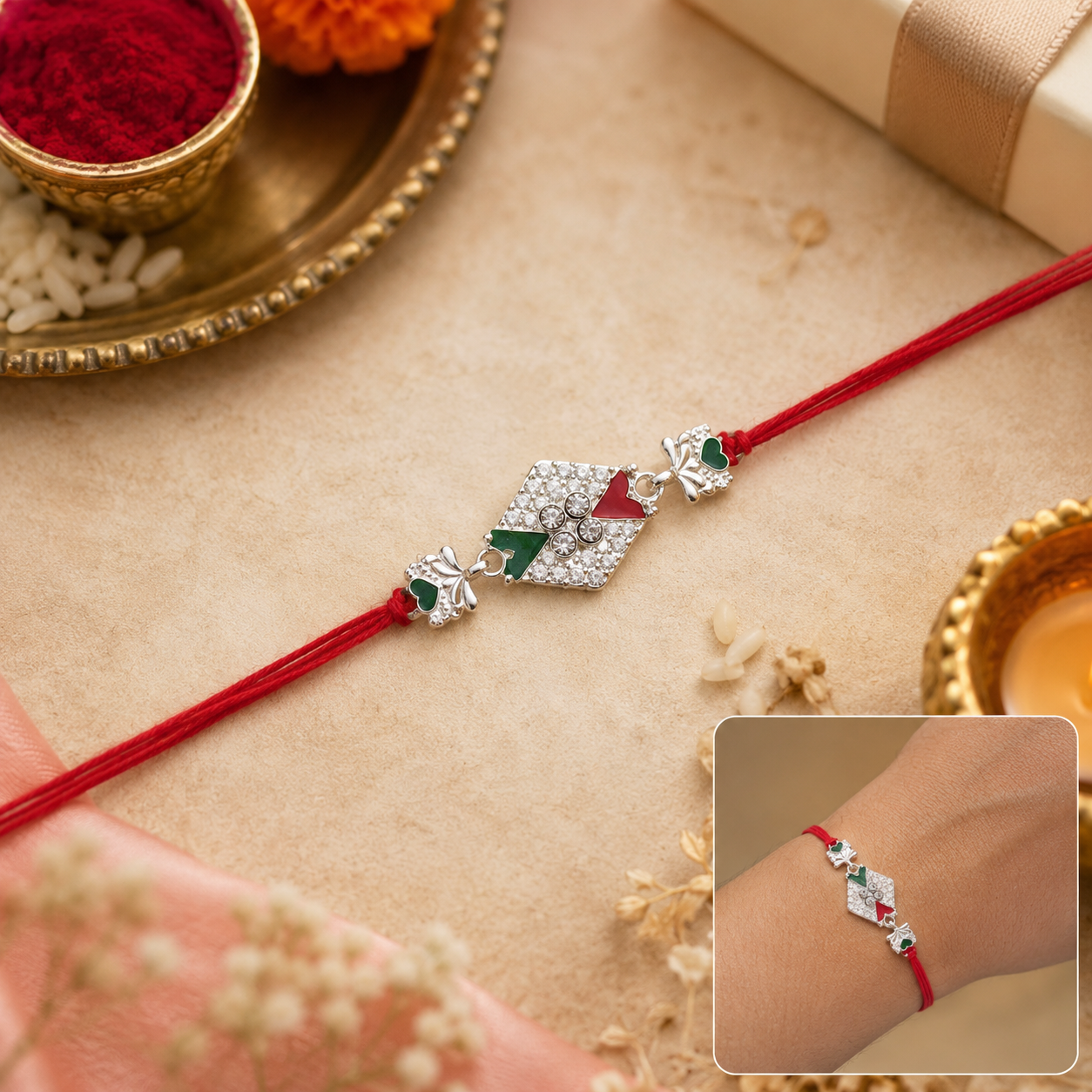 Elegant handmade rakhi with decorative elements and traditional appeal