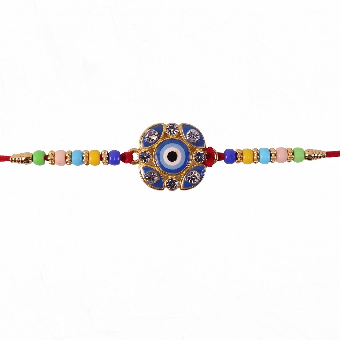 Decorative beads and floral accents on Evil Eye Rakhi