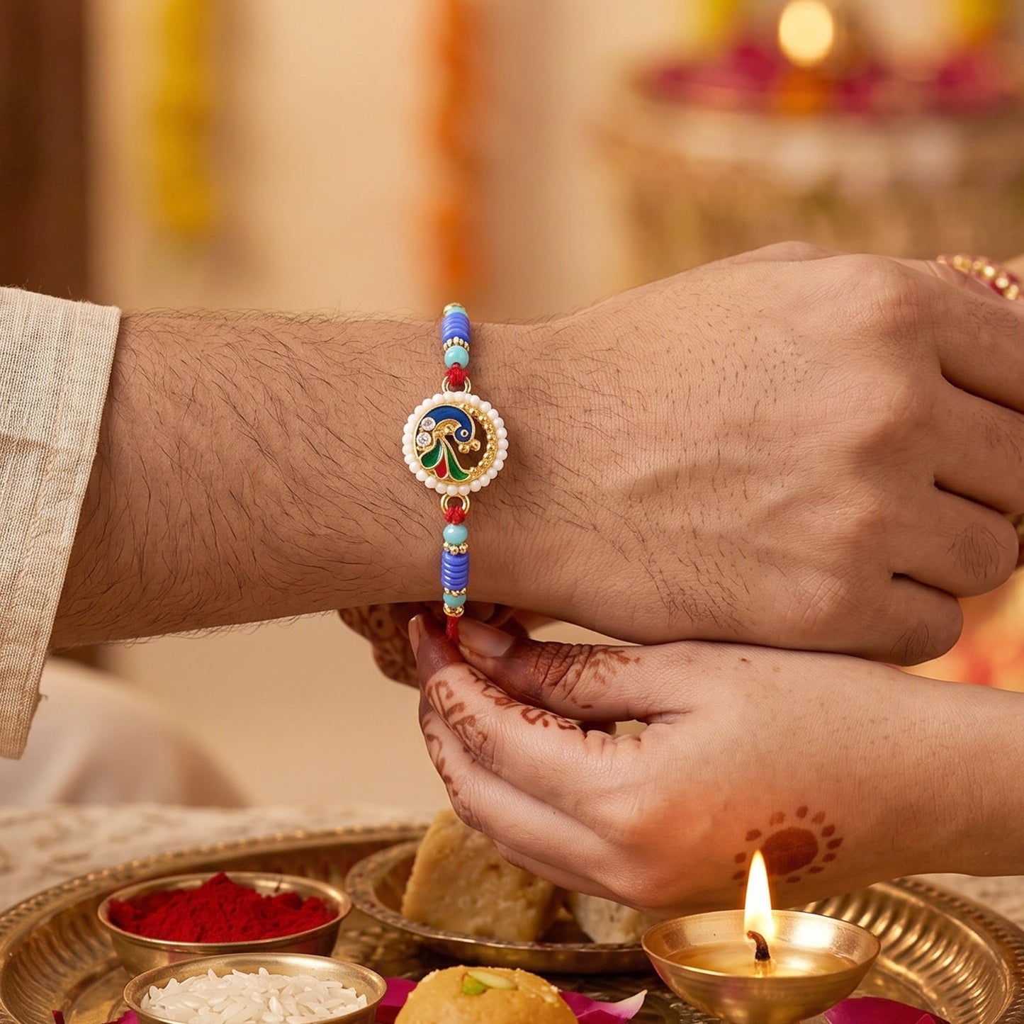 Decorative beads and intricate design on peacock pearl rakhi