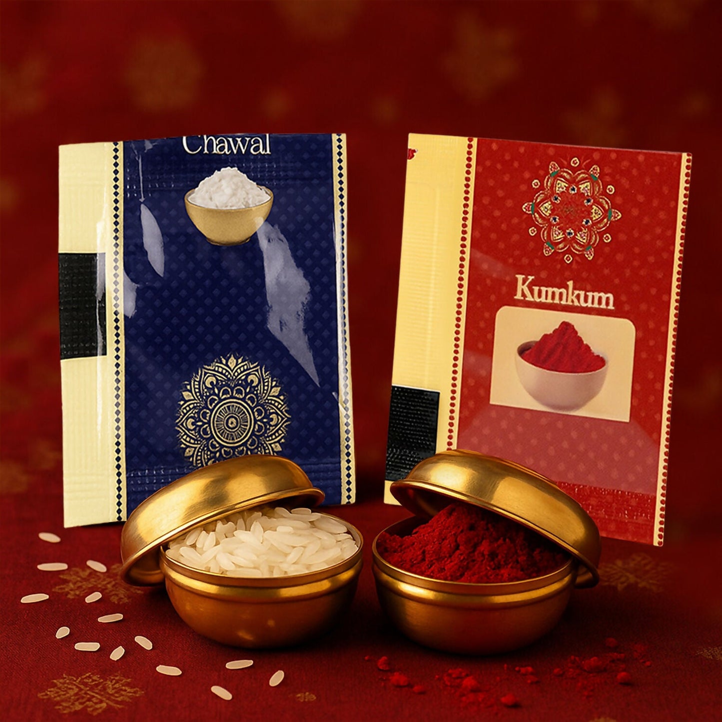 Red and navy blue traditional design kumkum and chawal sachets perfect for Hindu rituals