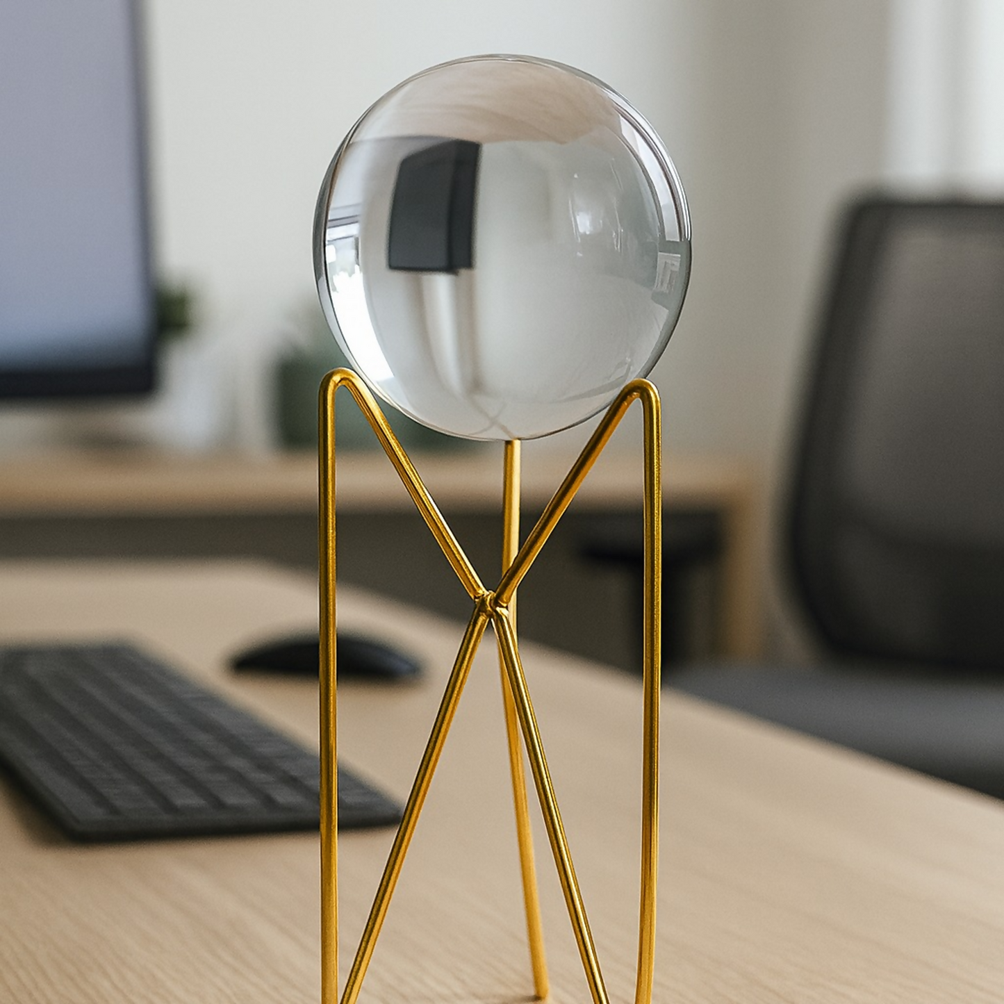 Premium Crystal Glass Sphere Decorative Showpiece with Tall Golden Metal Stand | Modern Home & Office Table Decor | Elegant Centerpiece for Living Room, Study Desk, Reception & Gifting | Clear Crystal Orb Decoration