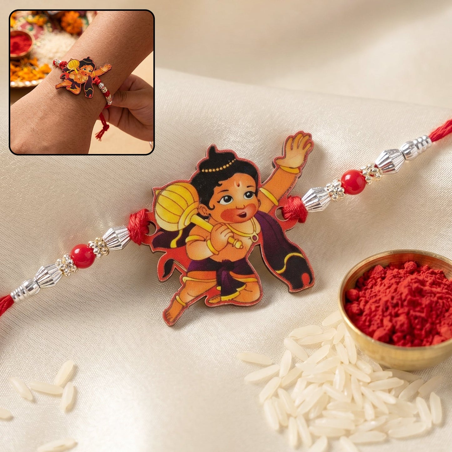 Bal Hanuman cartoon Rakhi with red beads and silver chain close-up