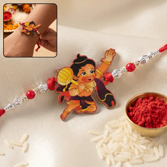 Bal Hanuman cartoon Rakhi with red beads and silver chain close-up
