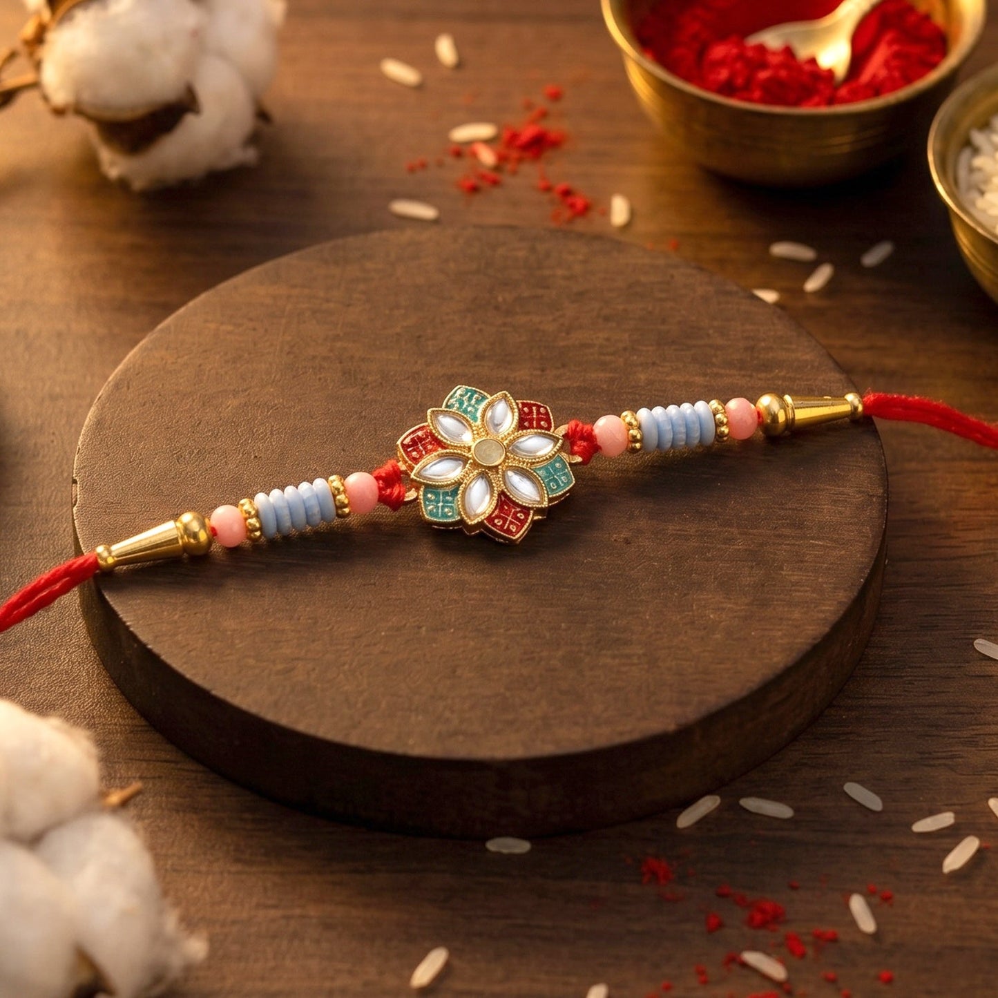 Traditional floral Rakhi showcasing kundan work and star shape