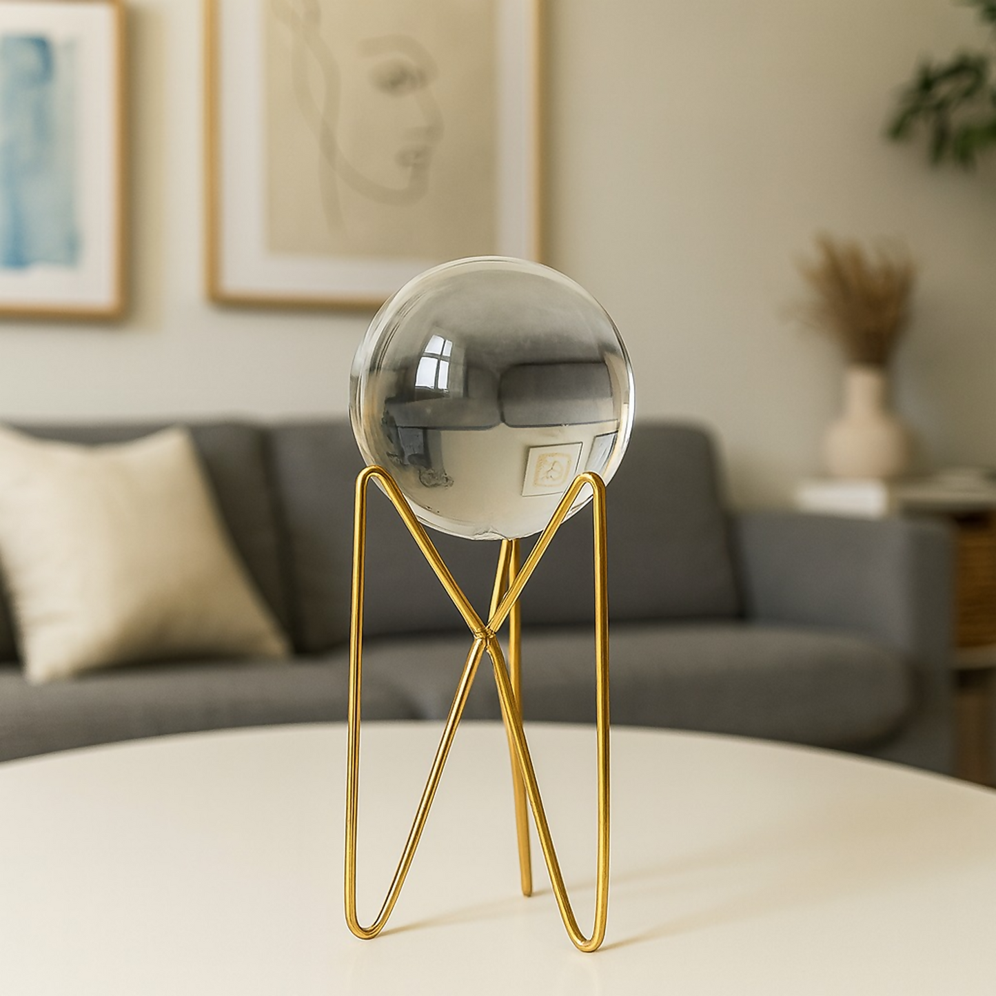 Premium Crystal Glass Sphere Decorative Showpiece with Tall Golden Metal Stand | Modern Home & Office Table Decor | Elegant Centerpiece for Living Room, Study Desk, Reception & Gifting | Clear Crystal Orb Decoration