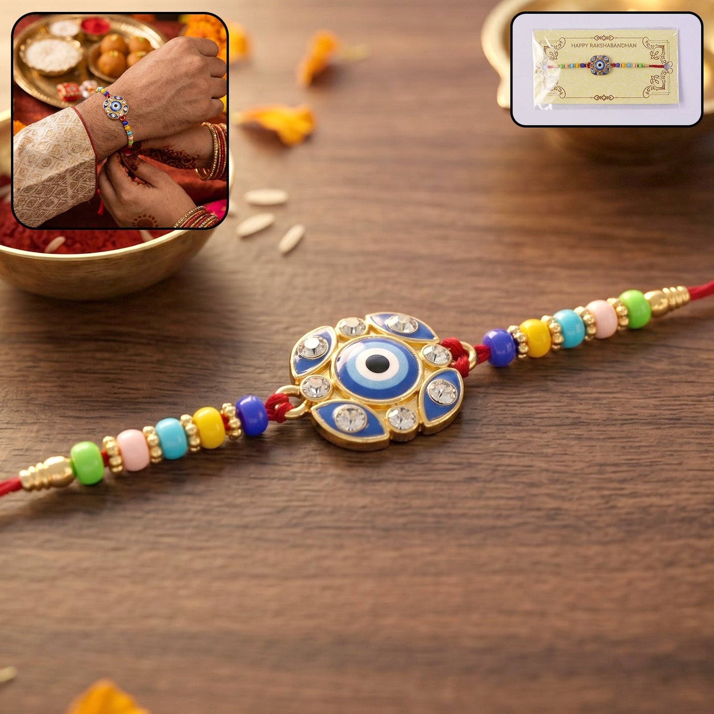 Evil Eye floral petal Rakhi with decorative beads