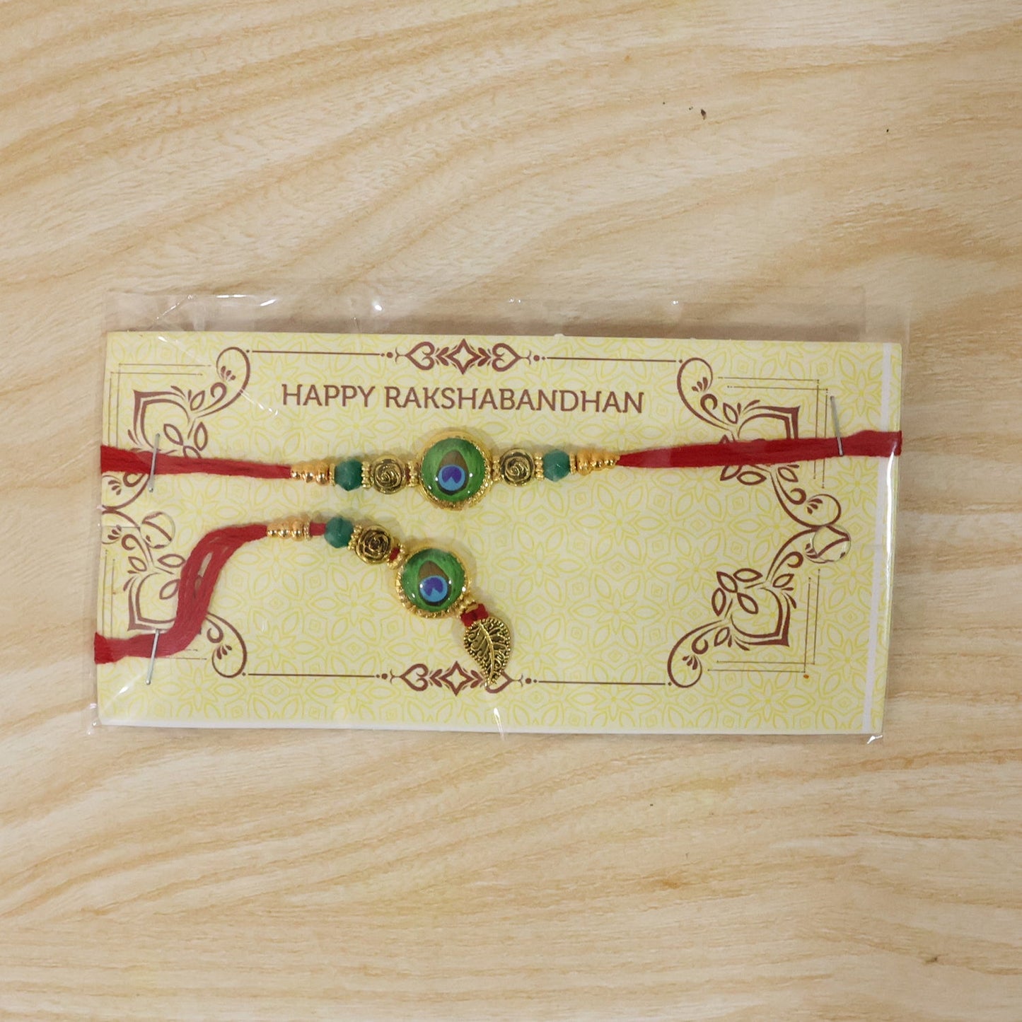 Full design of Morpich Lumba Rakhi with beads and gold charm