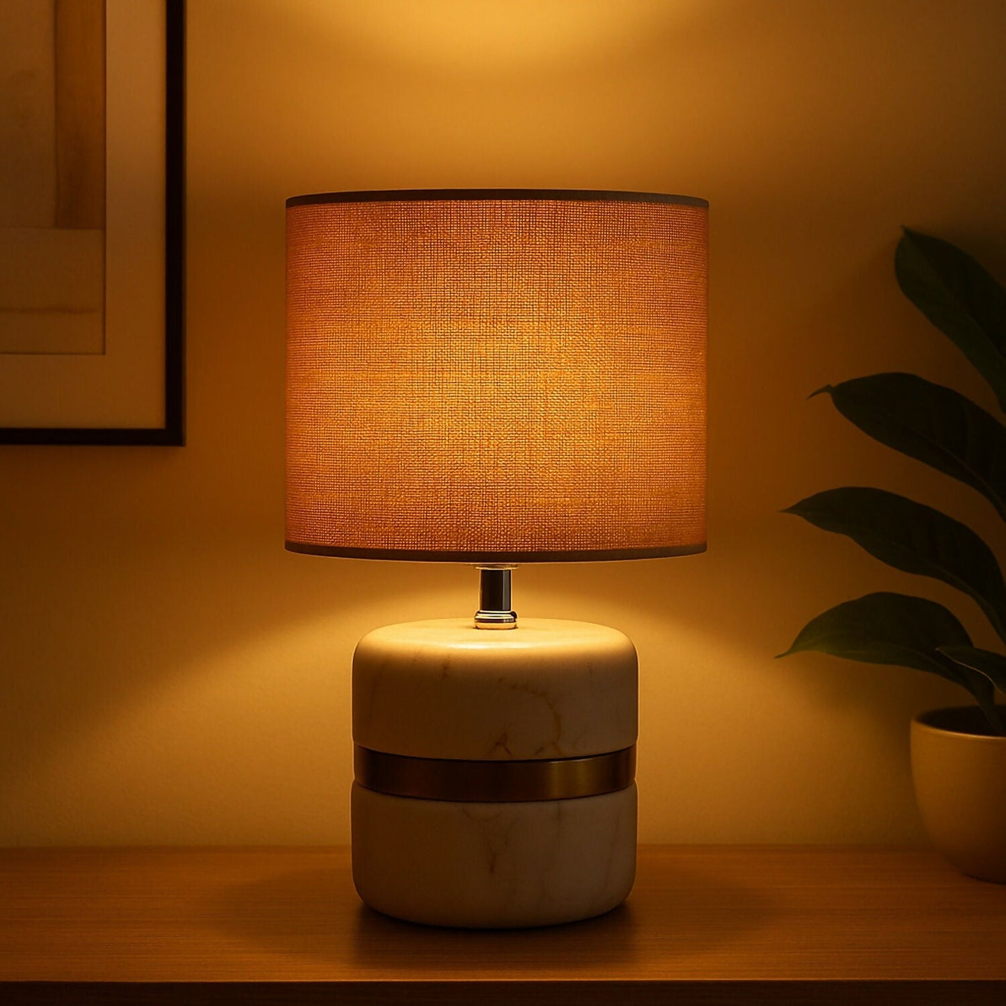 Luxury Marble Base Table Lamp with Warm Fabric Shade Decorative Bedside Room