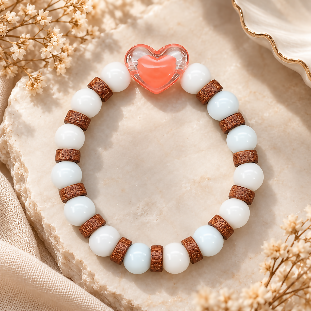 Heart Charm Bracelet with White Beads and Rustic Brown Spacer Details