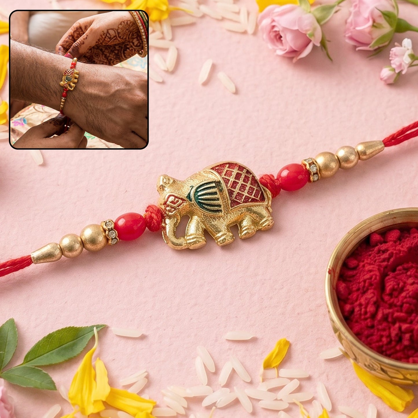 Gold elephant rakhi with red beads and pearl accents on thread