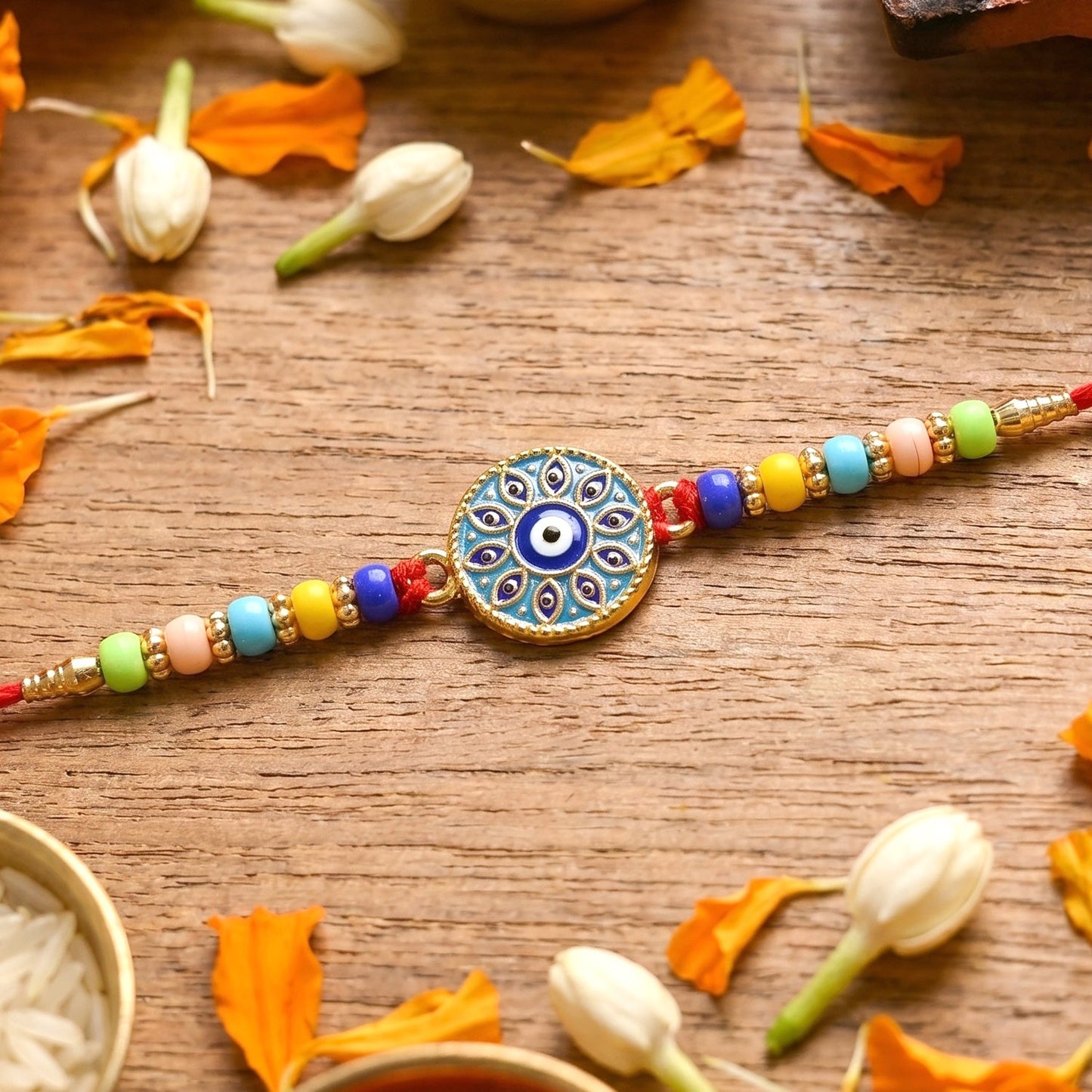 Lightweight Evil Eye Mandala rakhi on white background