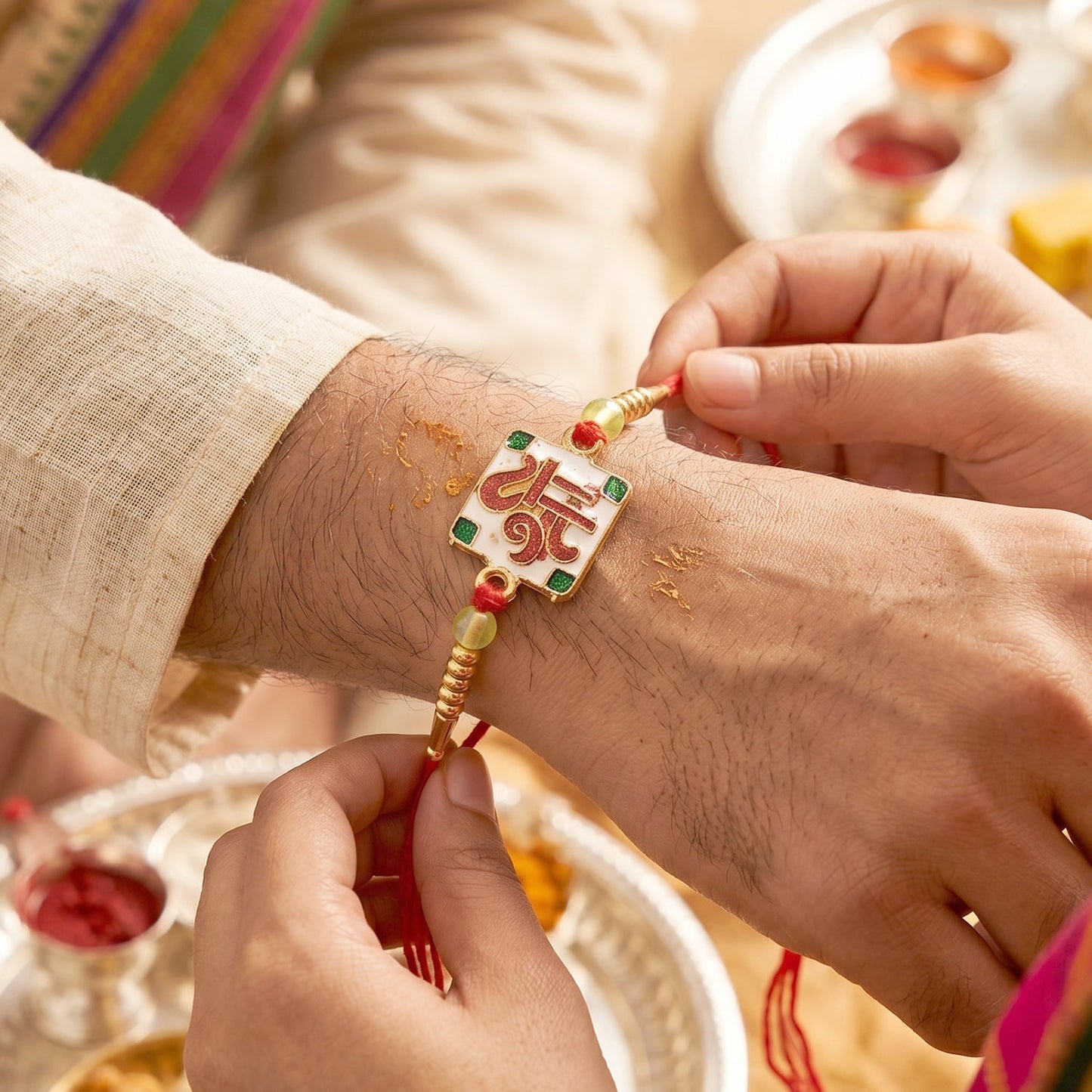 Side view of the Shree Symbol Rakhi showing thread