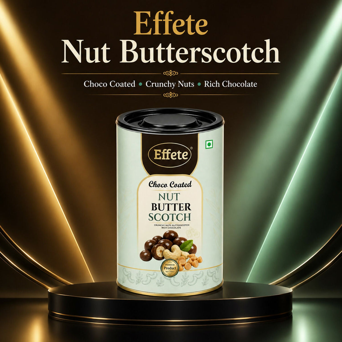 An open box revealing the individually wrapped Effete Choco Coated Nut Butterscotch Chocolate pieces.
