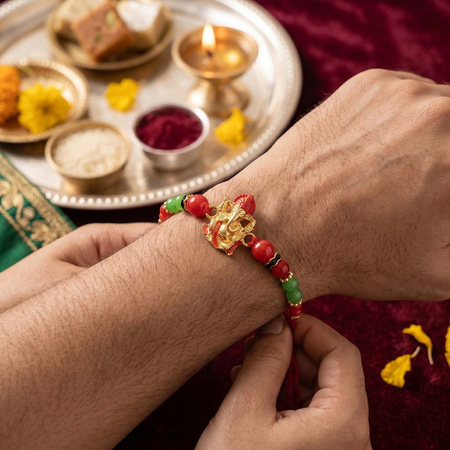 Close-up of decorative beads on handmade festive Rakhi
