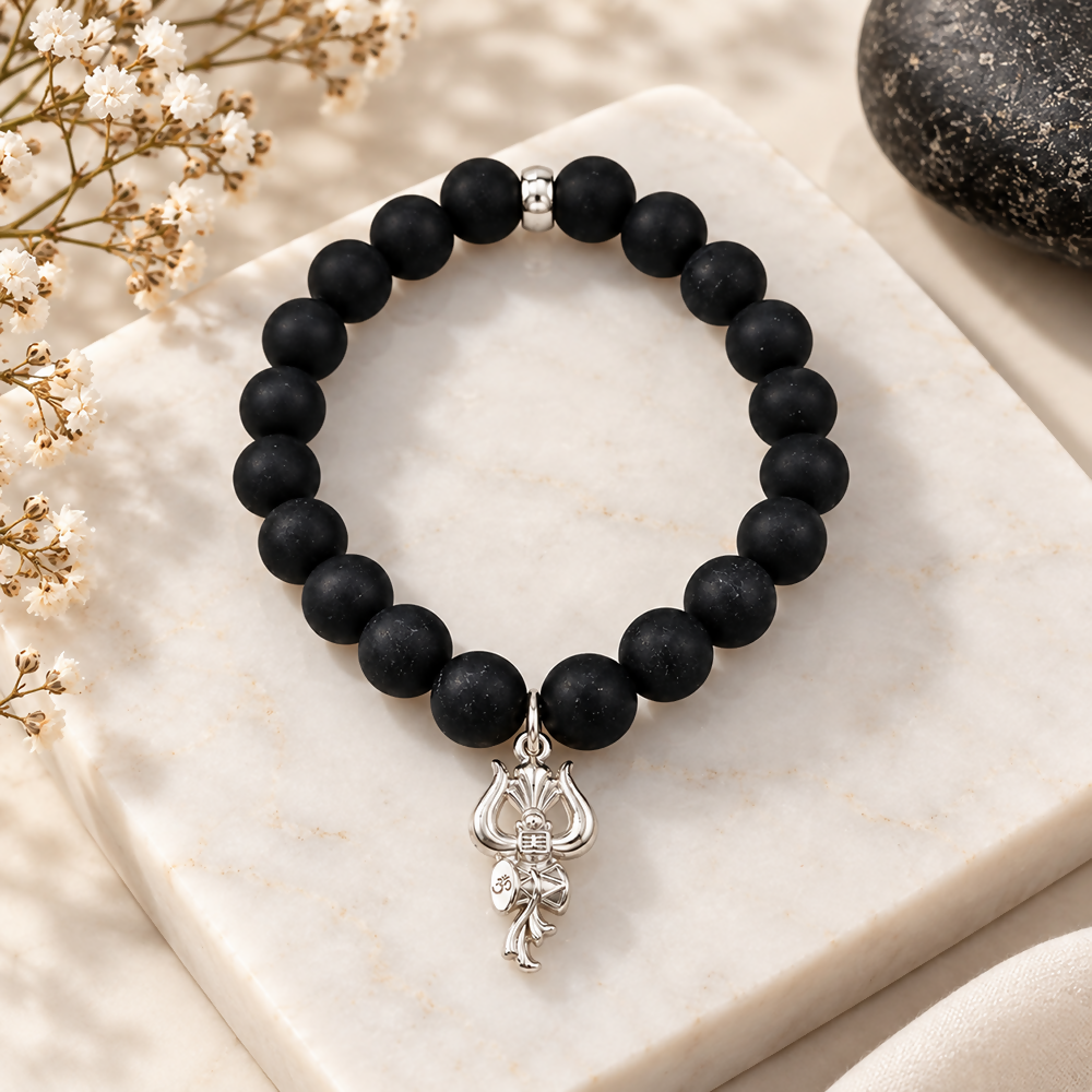 Black Matte Beads Bracelet with Trishul Charm for Mens