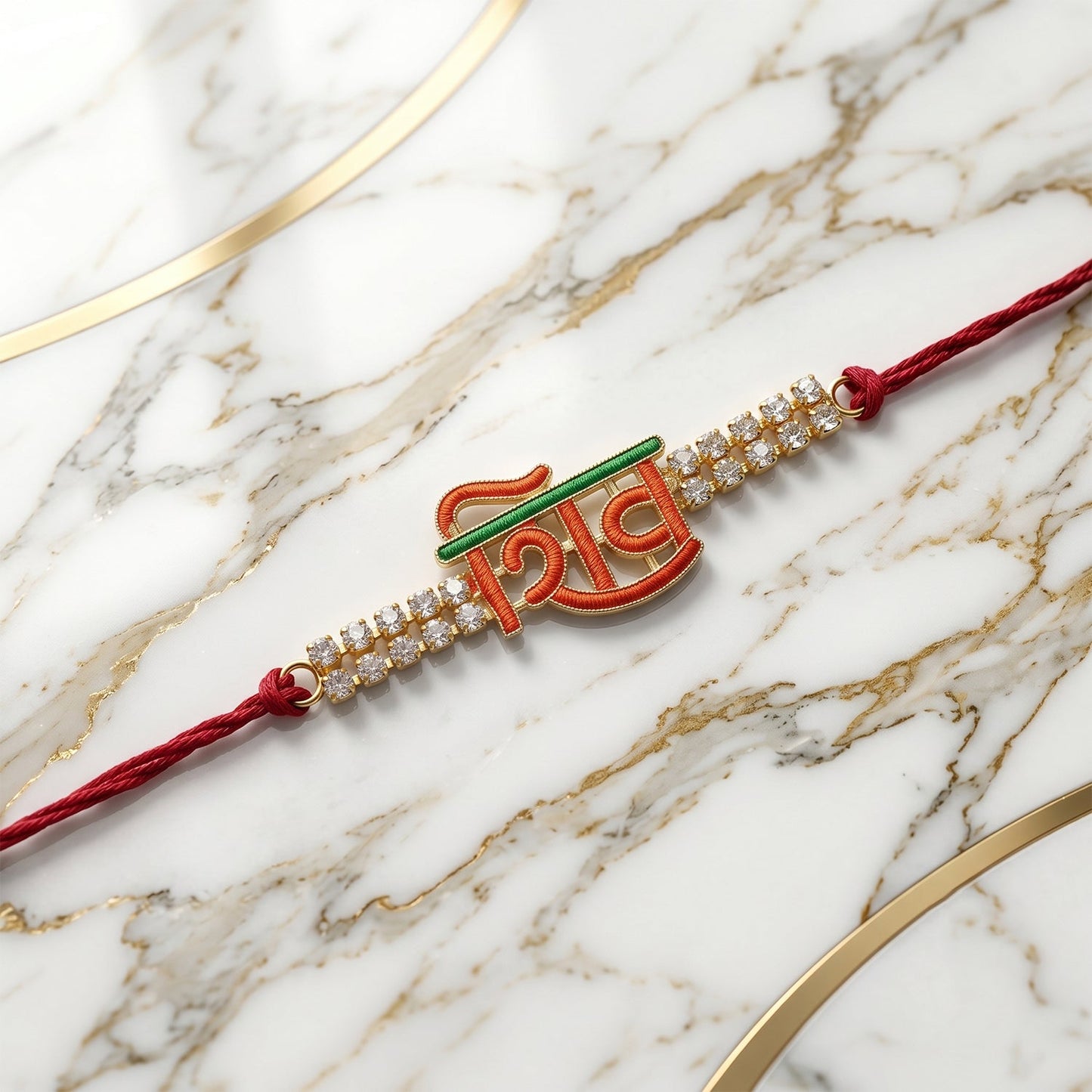 Side view of Shiv letter rakhi showing thread and detailed design