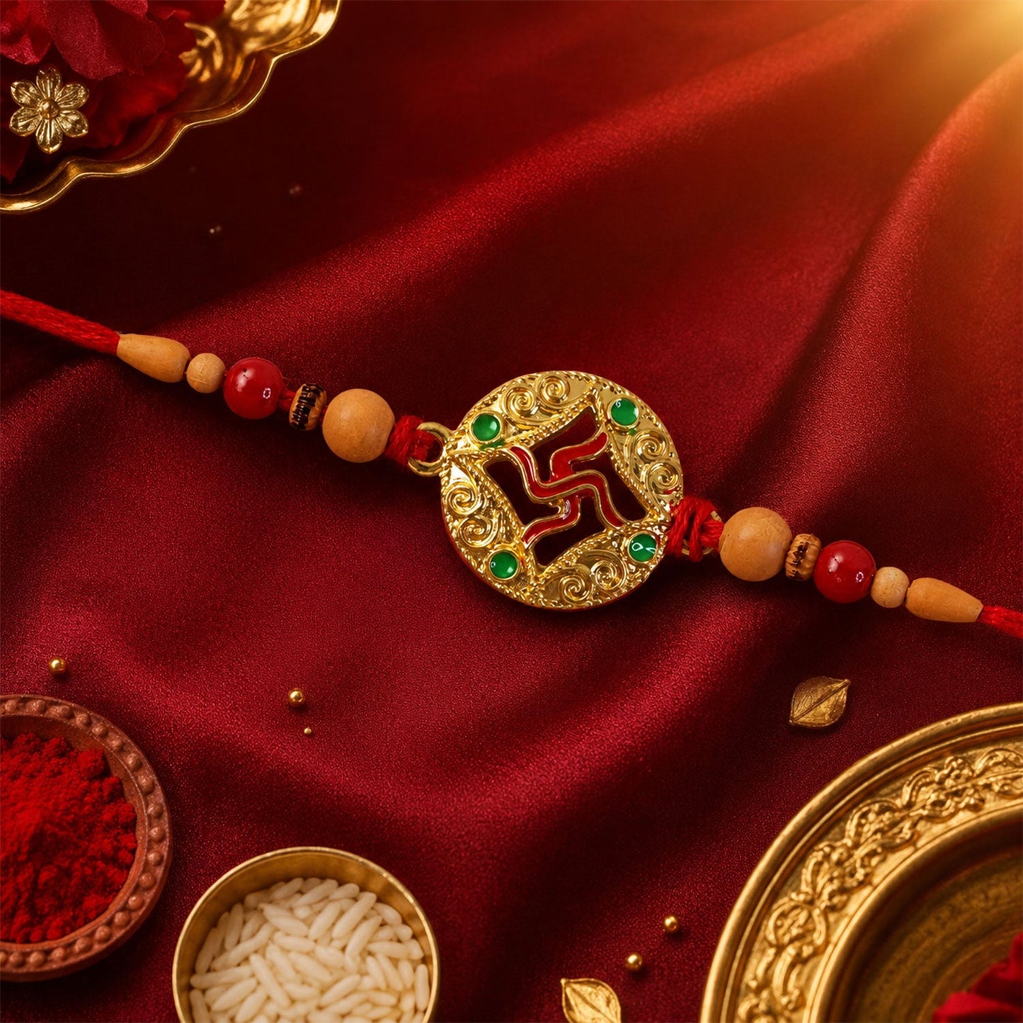 Top angle view of Peach bead Swastik Rakhi on navy thread
