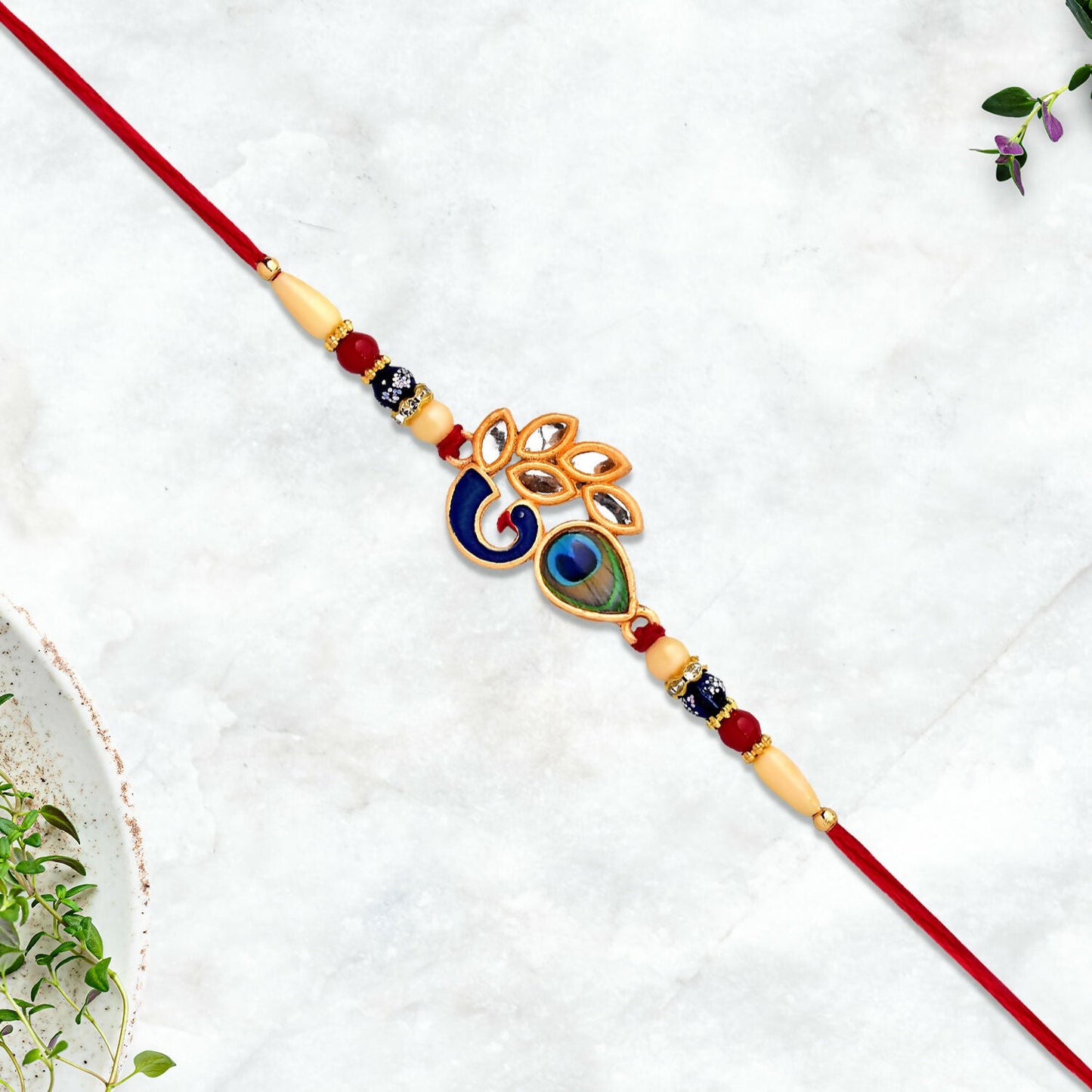 Close-up of vibrant enamel on peacock feather Mor Pankh Rakhi