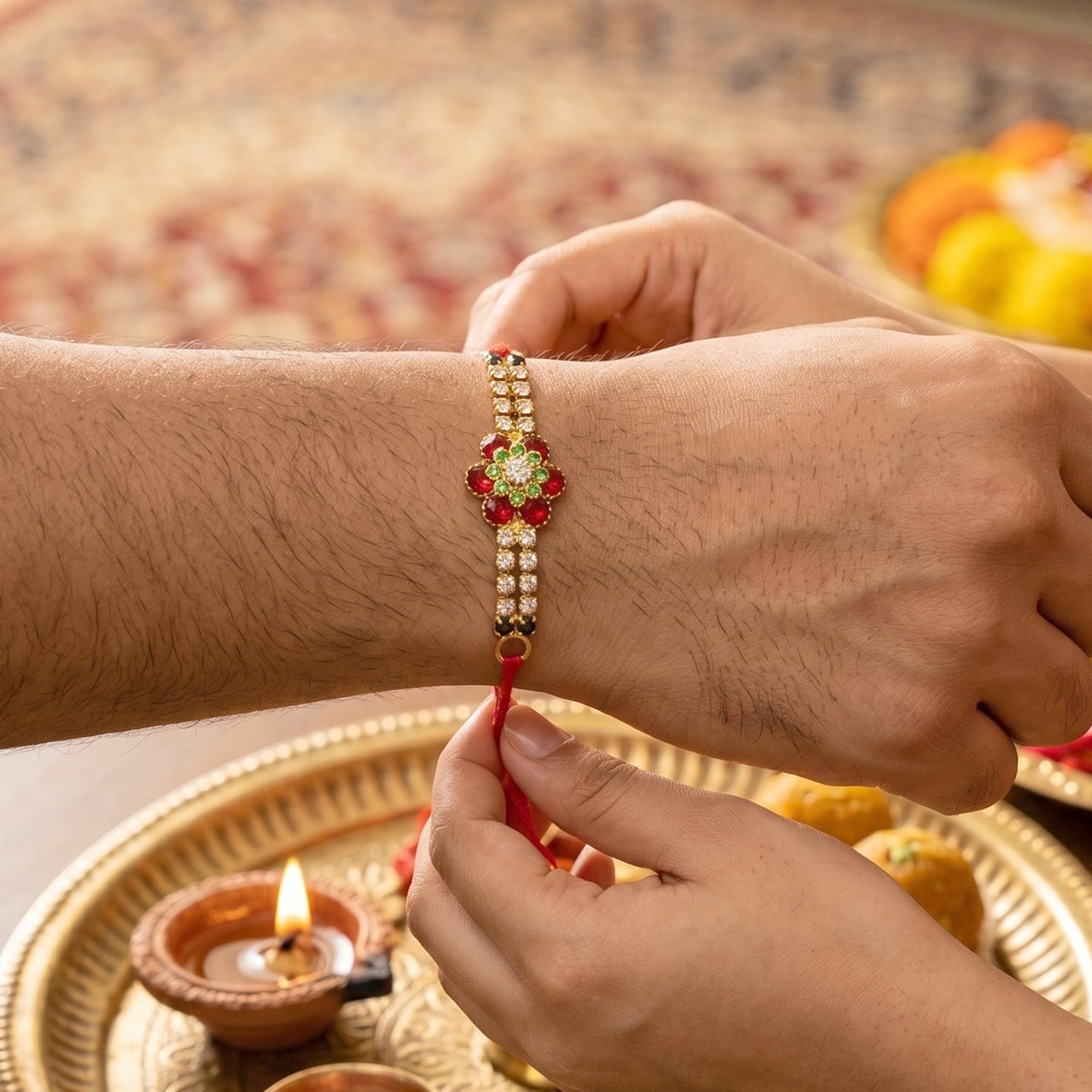 Decorative beads and neat finishing on traditional rakhi bracelet