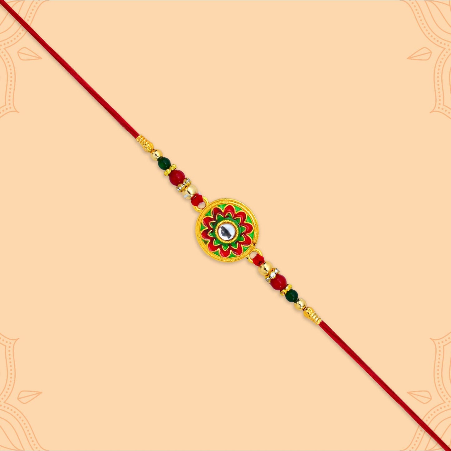 Festive colorful flower rakhi featuring enamel flower and beads on skin-friendly thread