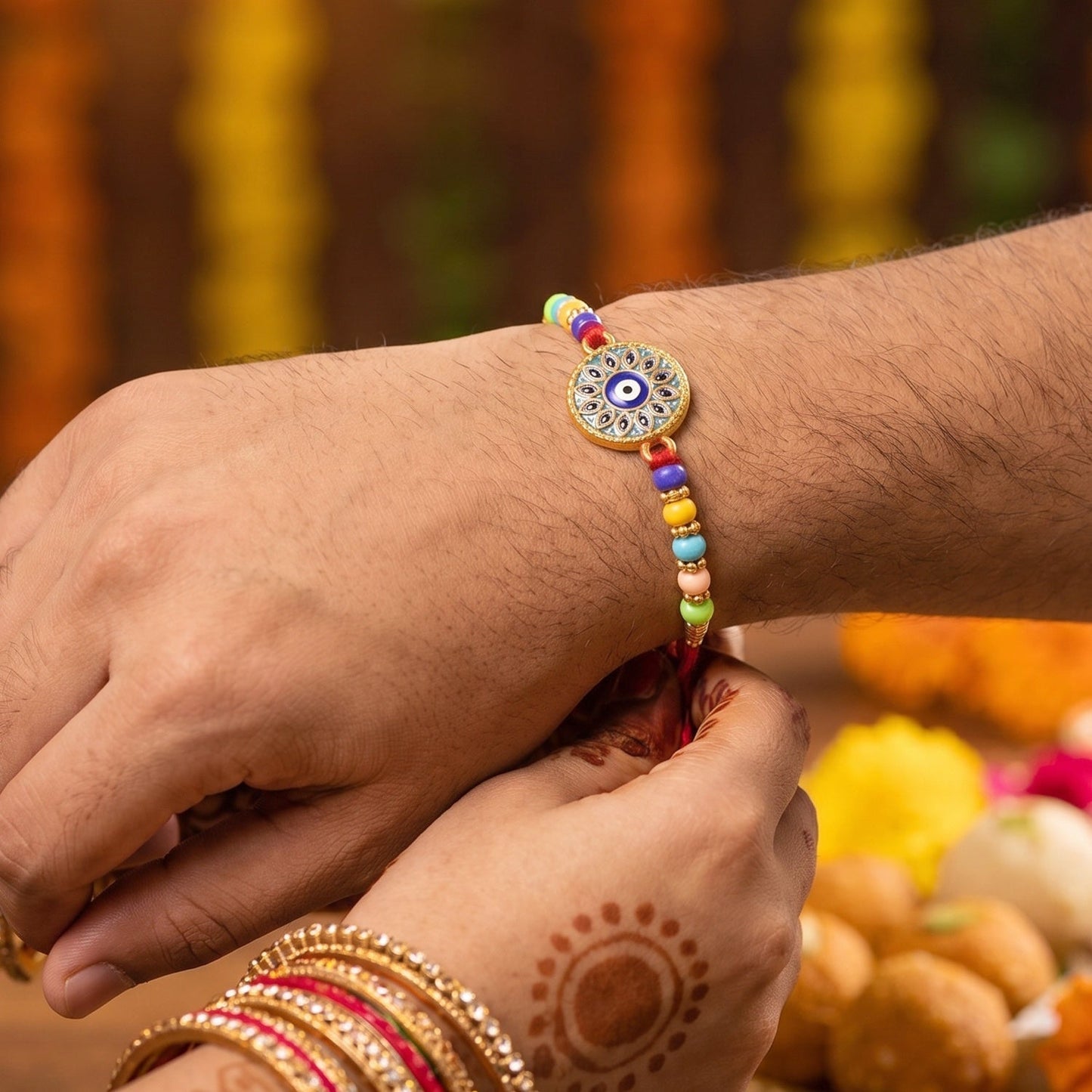 Close-up of Evil Eye Mandala rakhi highlighting intricate design details