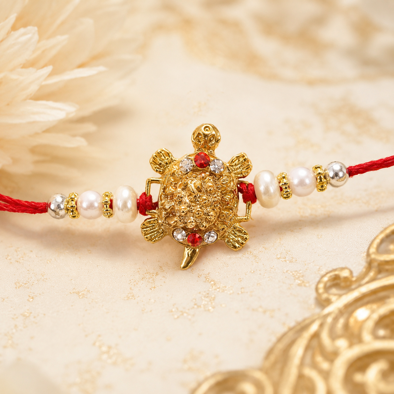 Elegant turtle design rakhi with thread and beaded accents