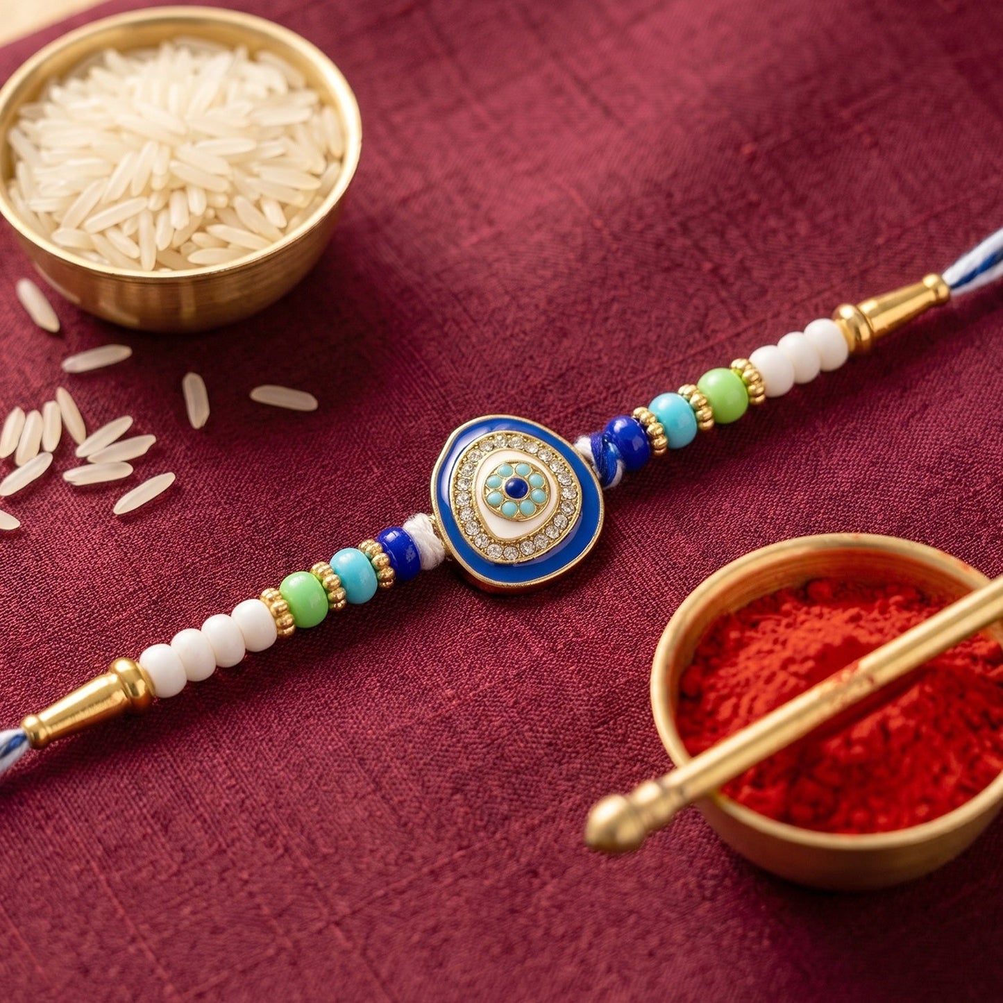 Close-up of Kundan diamond centerpiece on Rakhi for festive gifting