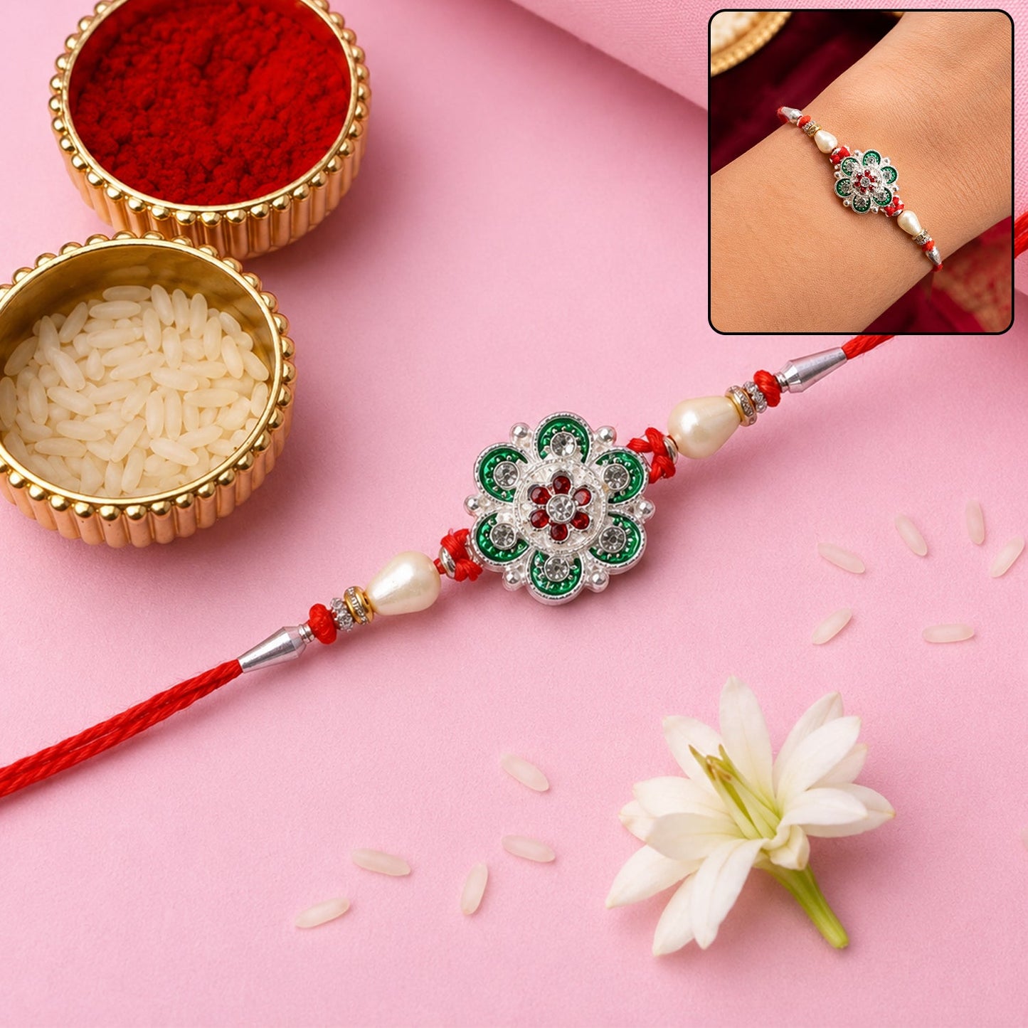 Green flower rakhi with red beads and pearl thread for Raksha Bandhan
