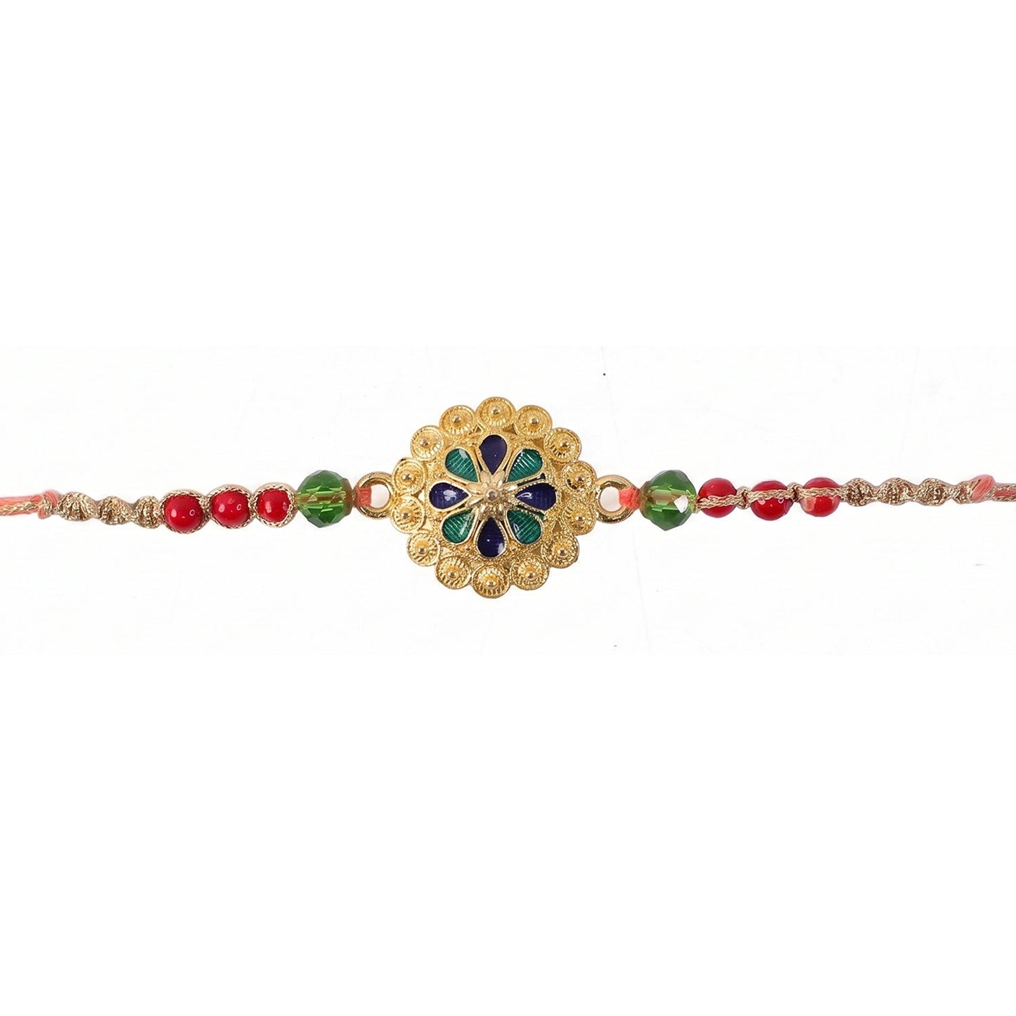 Hand holding Gold Blue Flower Rakhi showing bead details