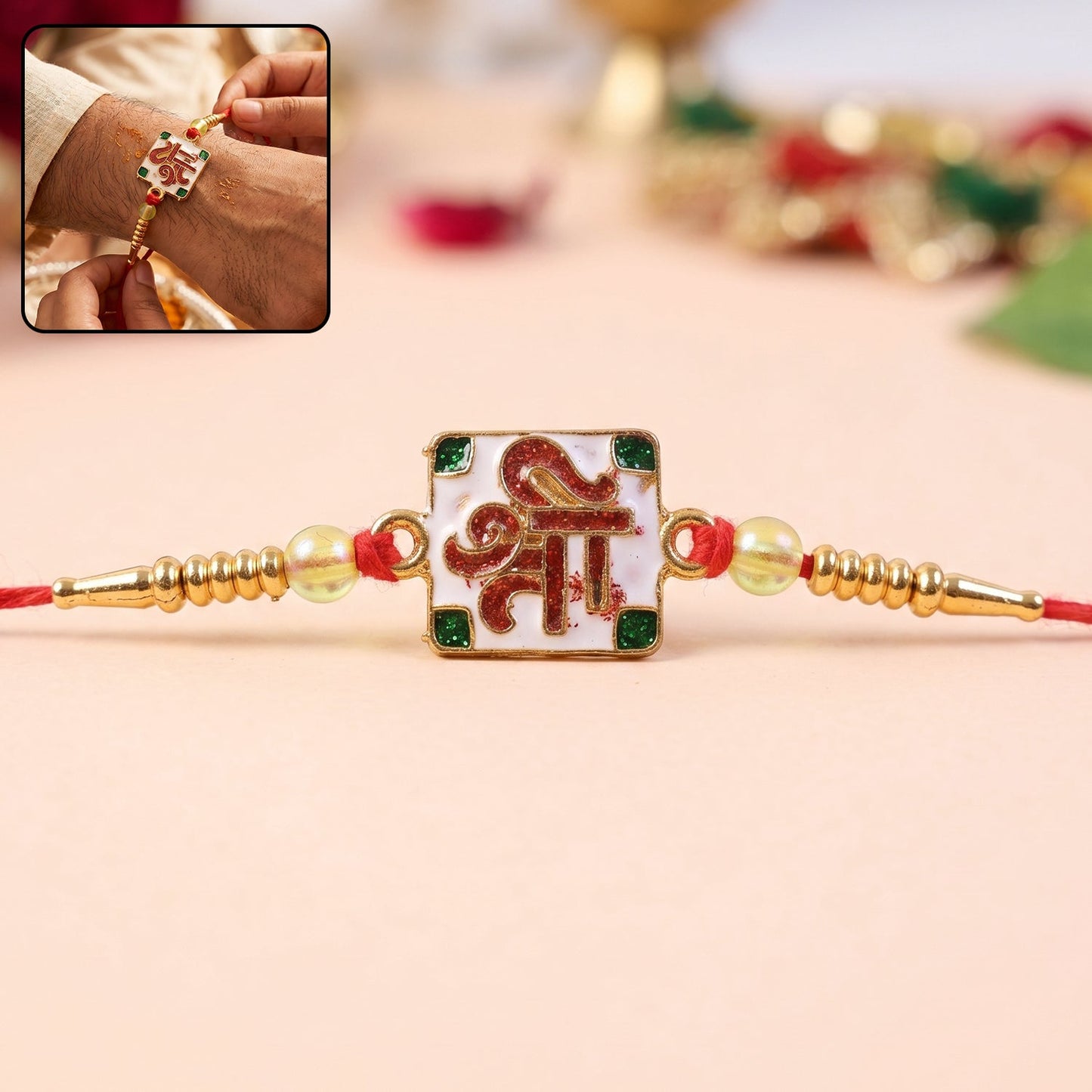 Front view of Shree Symbol Square Rakhi with green stones and gold beads