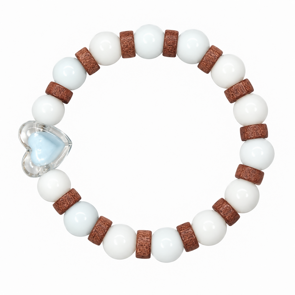 Heart Charm Bracelet with White Beads and Rustic Brown Spacer Details