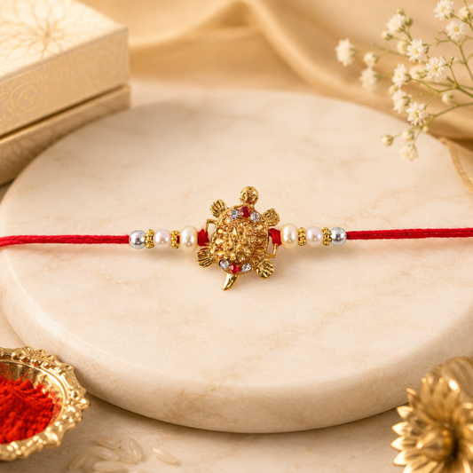 Gold turtle motif rakhi with decorative beads and traditional design