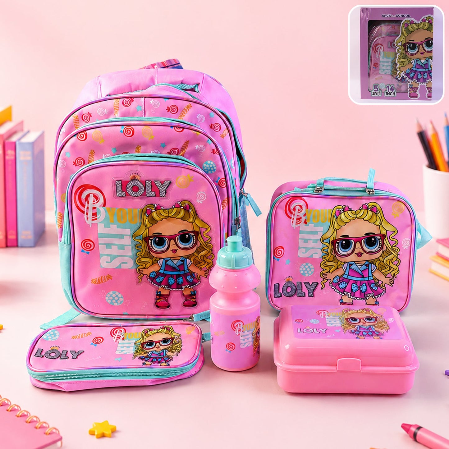 5 in 1 School Bag Set Includes Lunch Bag 14 Inch Bag  1 Set Mix