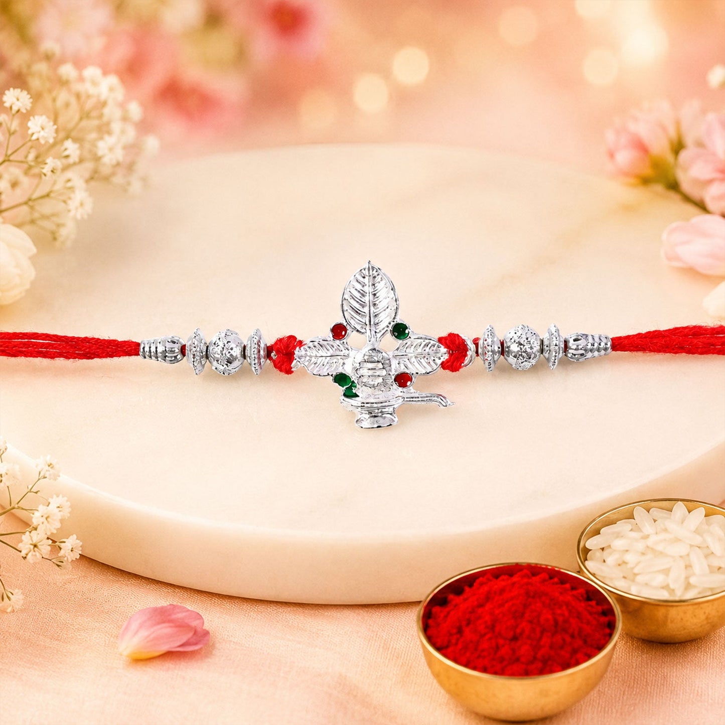 Festive Rakhi with silver centerpiece on red string