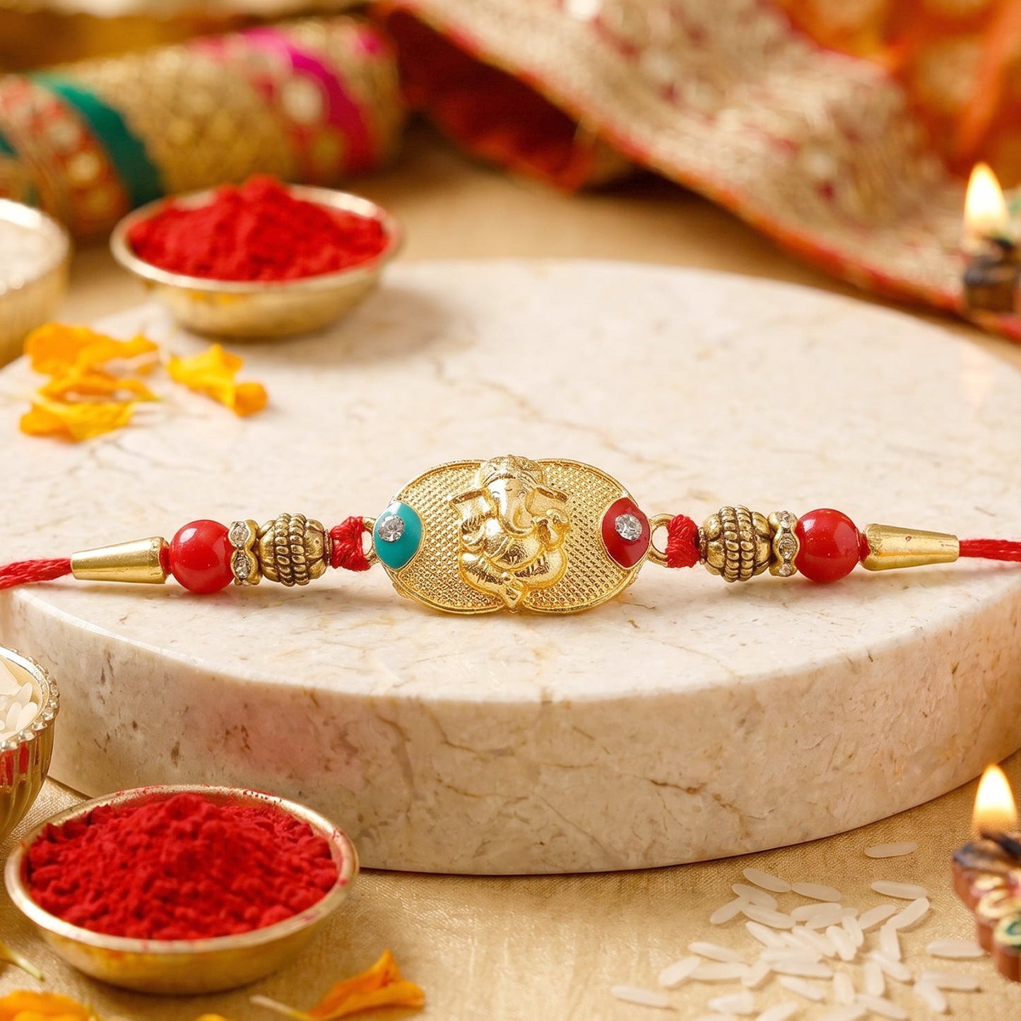 Golden Ganesh Rakhi displayed with red and green beads detail