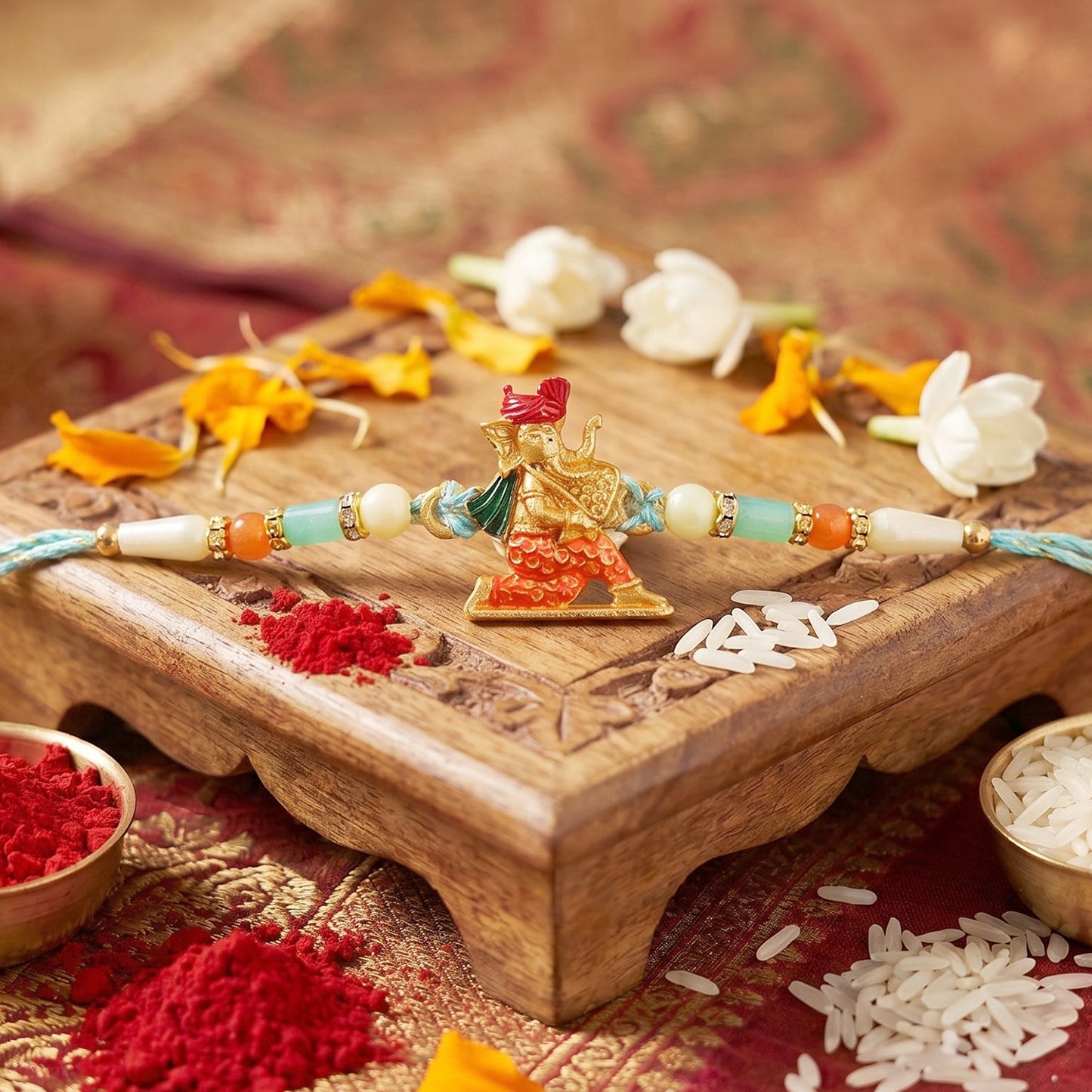 Close-up of Ganesh rakhi beads with red and blue thread details