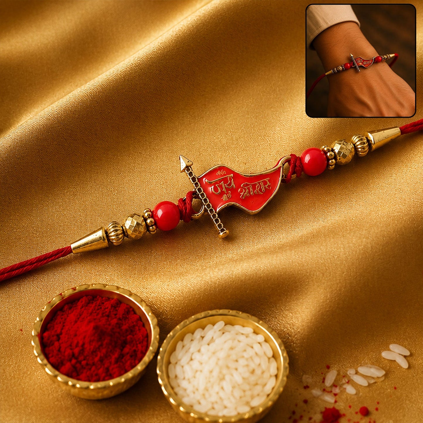 Jay Shree Ram Meenakari Rakhi with gold beads and Mauli thread close-up