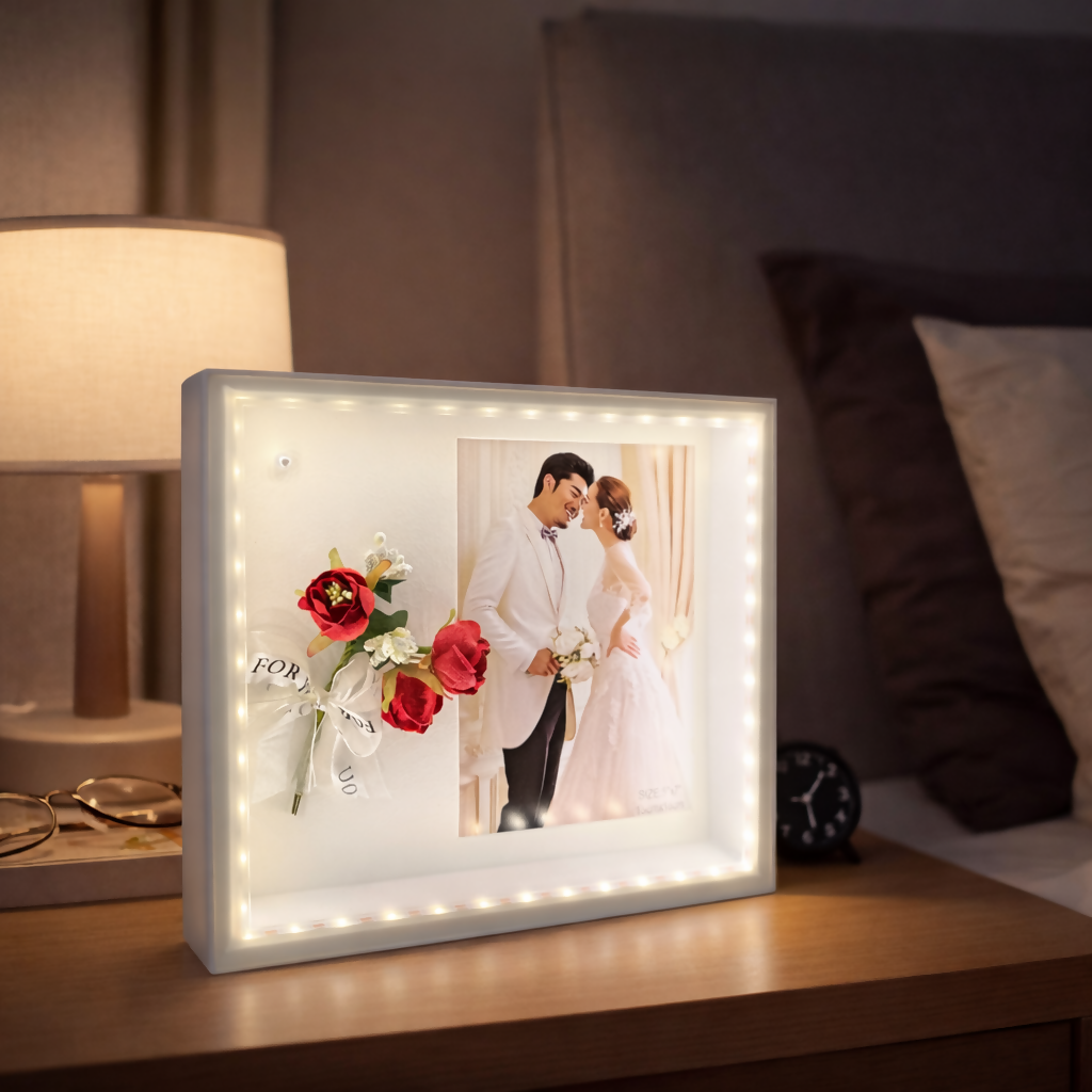 Large LED Photo Frame with Floral Decor Lighted Tabletop Memory Frame ...