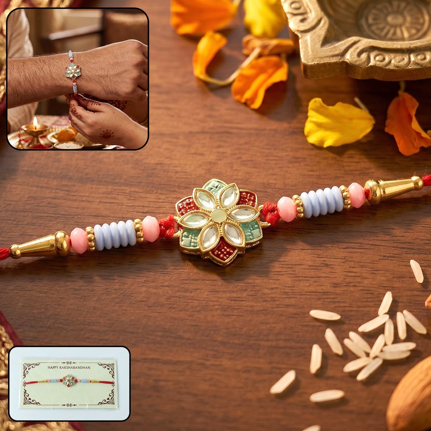 Elegant floral kundan star petal Rakhi on white background