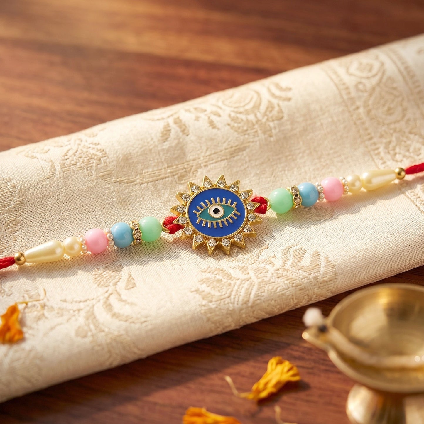Close-up of Evil Eye Sun Rays Rakhi with vibrant centerpiece