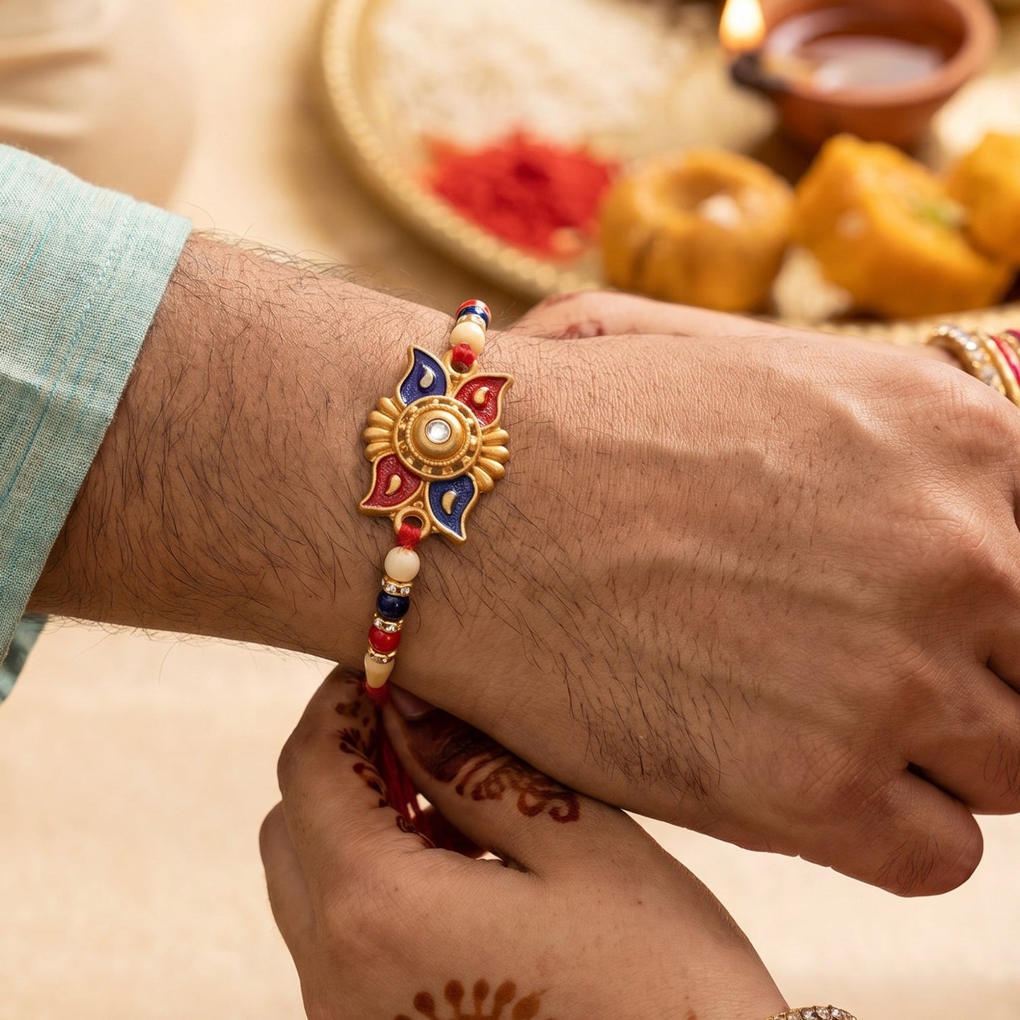 Festive Gold Sunburst Rakhi with colorful beads and radiant design.
