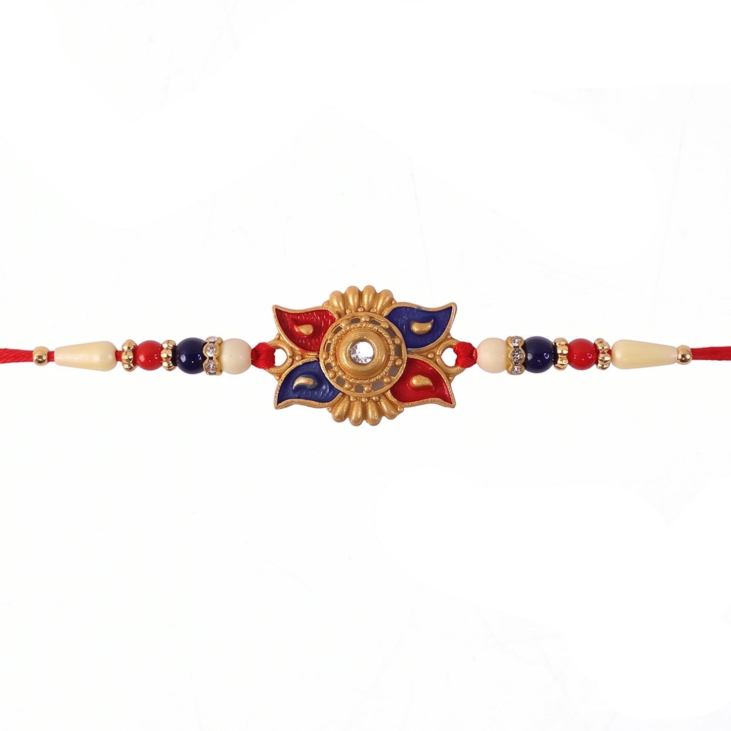 Traditional Gold Sunburst Rakhi with vibrant bead accents.