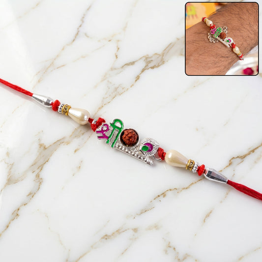 Colorful Rudraksha and Pearl Beads Rakhi with traditional design