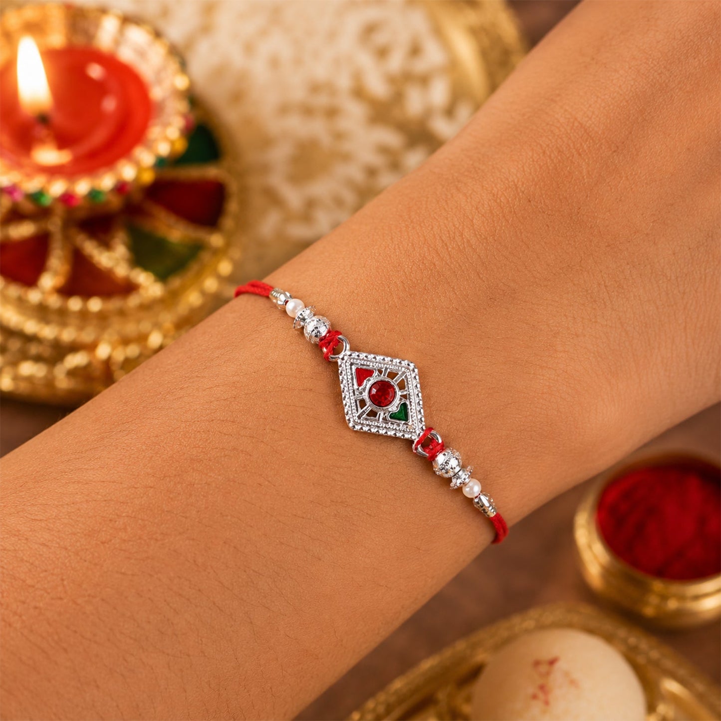 Silver rakhi displayed with red stone and pearls