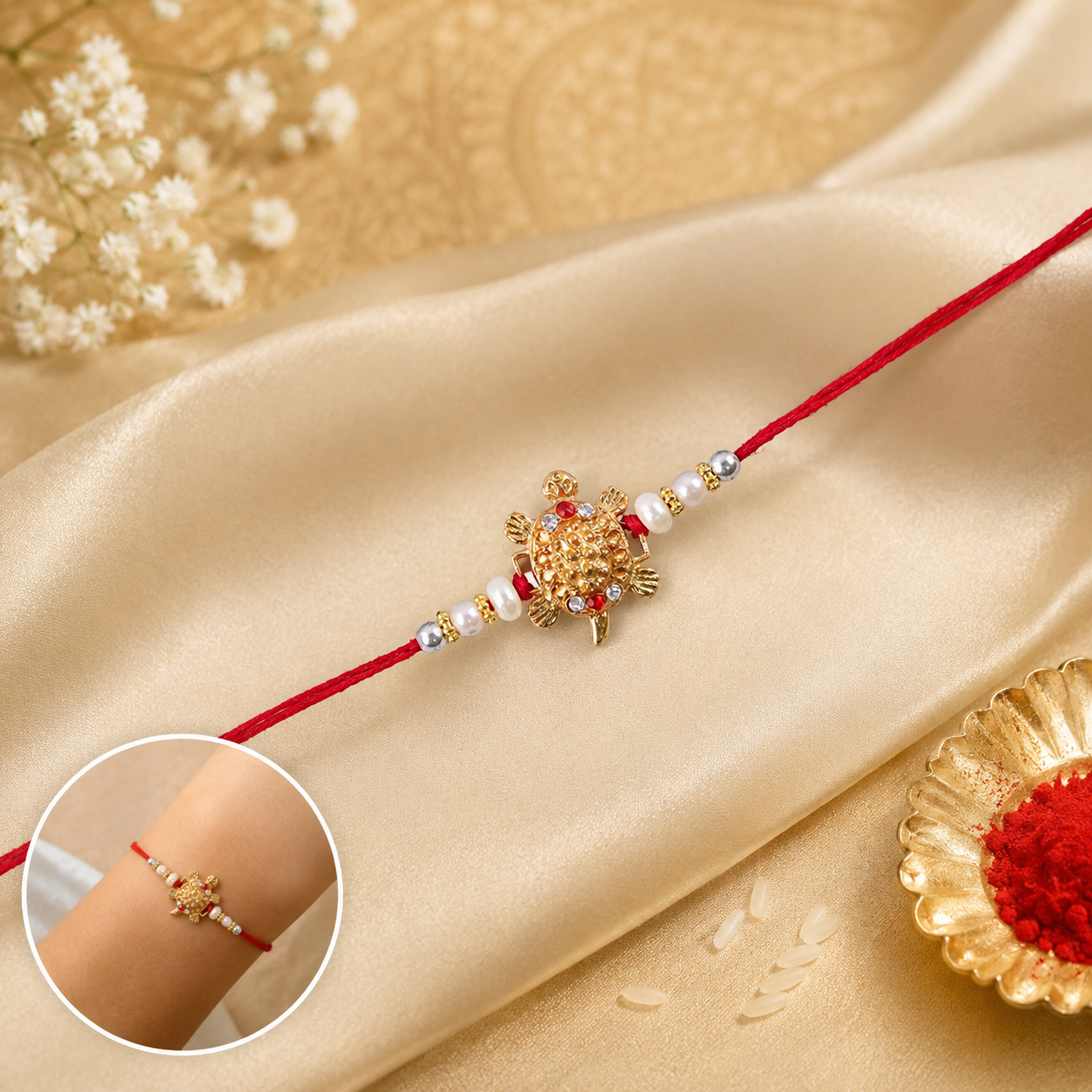 Stylish and traditional gold turtle motif rakhi for brothers