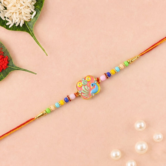 Colorful Peacock design Rakhi with decorative beads and traditional style