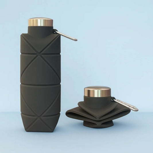 Black Collapsible Silicone Water Bottle 600ml Leakproof Travel