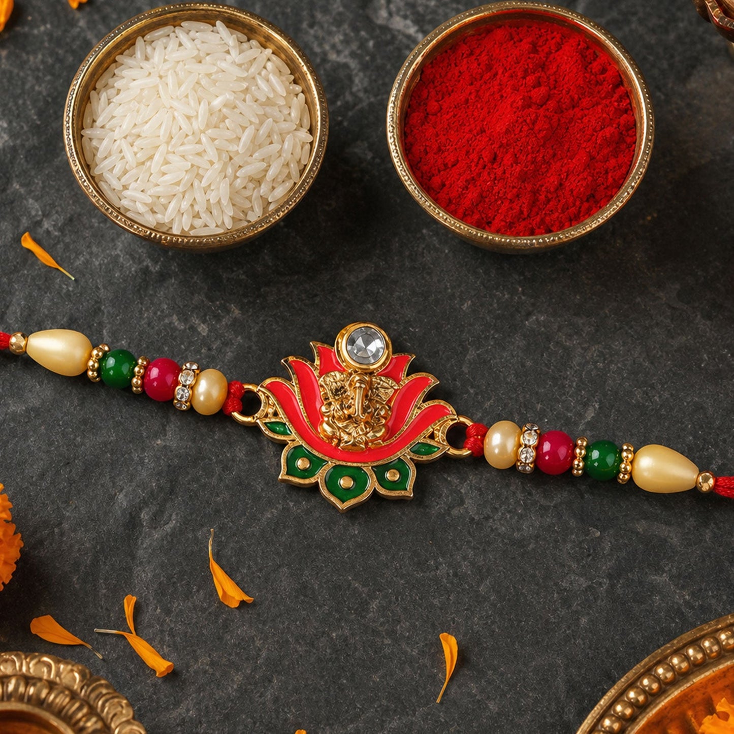 Ganesh Lotus Leaf Rakhi showing detailed designer motif and beadwork